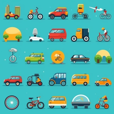 Create a clipart collection of colorful and vibrant icons depicting different modes of transportation (e.g., cars, bicycles, airplanes) for a travel-themed PowerPoint.