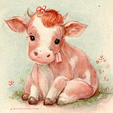 Cute - french style sitting baby cow smiling clipart, pink red hairclip in its hair, proper feet, proper hooves, 1960, in the style of realistic watercolors, childlike innocence and charm, adorable eyes, rosy cheeks, shy posture, feminine sensibilities, realistic drawing in storybook illustration, pencil drawing by Angela Barrett, Elsa Beskow 300 DPI, valentines day themed, white background