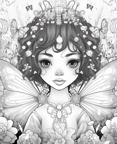 bi-racial crystal Fairy, with wings, in a meadow of shimmering crystals and beautiful flowers, Kawaii for a childrens book, cartoon style, thick lines, black and white, no shading, line drawing illustration, no kid faces, no duplicate faces, blurry, drawing, cartoon, illustration, painting, concept art, cgi, unreal, anime, black&white, b&w, picture frame, deformed, bad anatomy, disfigured, poorly drawn face, mutation, mutated, extra limb, poorly drawn hands, done by bad-artist, ugly, dazed, 3D r