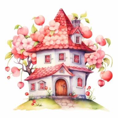watercolor A clip art image featuring colorful cartoon fairy magical cherry house. isolated white background, minimalist, 8K, C20