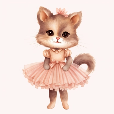 a brown fur cat with brown eyes ballerina dress in blush pink in style of claris mouse clip art