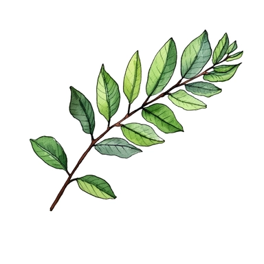 a little branch of rowan tree leaves, watercolor clipart, green leaves, cut out, simple line art drawing, thin black outlines