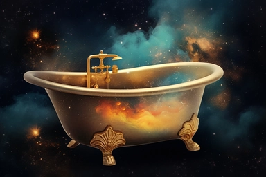 realistic clipart gold bathtub in foggy enchanted outer space, digital painting