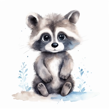 a dreamy baby raccoon with kind eyes clipart with watercolor illustration,full body shot,8k,etsy style, white background