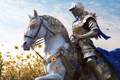 Detailed, Cinematic, Hyper-realistic photo, of anime boy as a knight with mask on his face riding a horse, full-length portrait, wide field of view, centered, showing entire body, award-winning cinematography,ready for battle, highly detailed, isolated on white, clipart,with gold and surrounded by blue flowers under sunshine, full image, clean background, aesthetic, super detailed, supernatural, photorealistic, realistic representation, hyper resolution, high magnification, magical visuals, soft