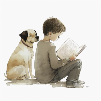 a dog sitting next to a young boy reading a book, watercolor and ink drawing, clipart, happy, gentle smile, beautiful watercolor ink wash coloring, thick pencil lines, Jon klassen, Adrian tomine, popular on etsy, watercolor illustrations clipart, watercolor illlustrations for kids and children, book illustrations, plain white background