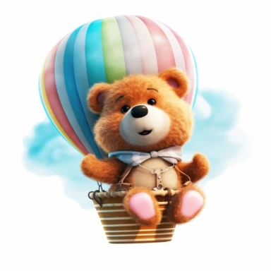 cute Pixar Animation Teddy Bear sitting on top of a hot air balloon in the clouds, clipart, white background