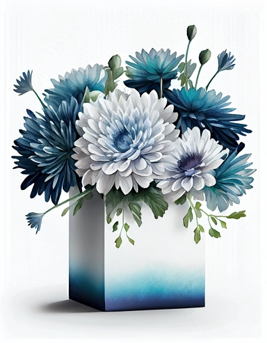 detailed vibrant watercolor bouquet of blue chrysanthemum flower in plain square vase white space , isolated on white background, realistic, no shadow, clipart