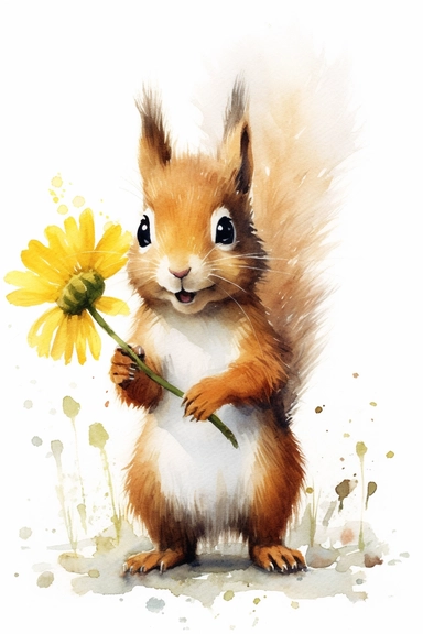 detailed watercolor illustration of cute happy squirrel with a daisy, clipart, plain isolated white background, 8k ultra detail high sharpness