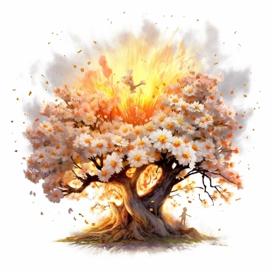 cherry blossom banana oak tree, oak white fire flame, light, golden sun, mighty flowers, pristine, sparkling, white flame, fire light mega epic flowers of epicness, cool and spiky, owning everything, floral art, no background, beautiful, no text, clipart, watercolor