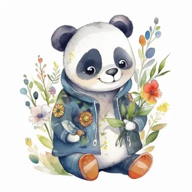 cute panda in cute colored coat, flowers, bamboo, pixar style, cute watercolor clipart, cute illustration, hd, detail, ultra realistic, watercolor spots, isolated on the white background