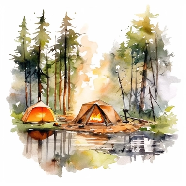 camping scene in forest watercolor style clipart on white background with margins , no watermarks