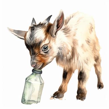 baby dwarf Nigerian goat being fed a bottle, very detailed and realistic, watercolor, white background with margins, clipart style