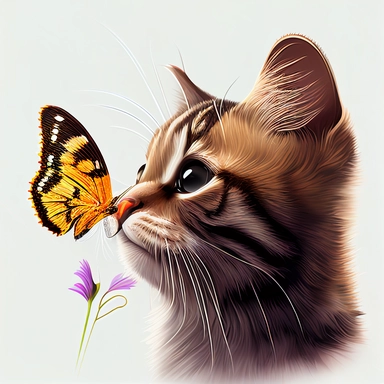 clipart style, cute cat gently touching its nose to a butterfly