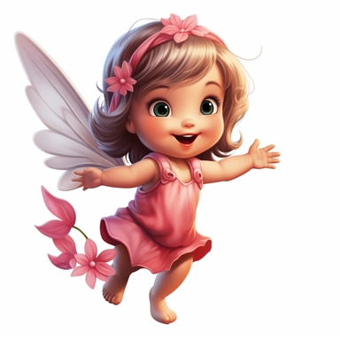 a happy baby fairy girl, pink flowered dress, long hair in ponytails, blue eyes, full body image, big wings, pixar style, clipart, white background,