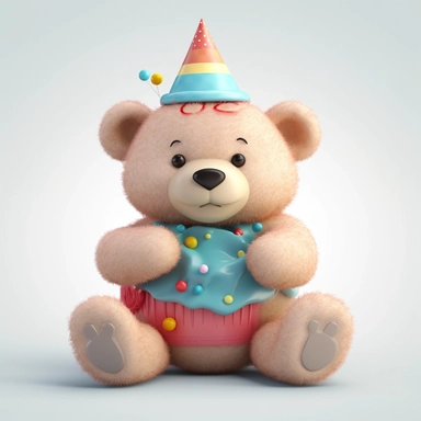 Birthday teddy bear clipart, chubby, happy smiling, fluffy, with Birthday hat, and cake, 3d style, 8k, high resolution