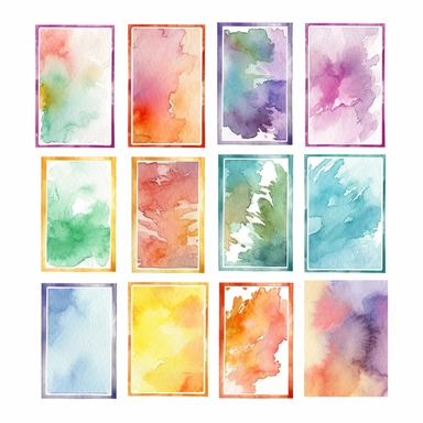 nine abstract watercolor background vector clipart, in different light pastel colors, rectangle frame, hazy romanticism, free brushwork