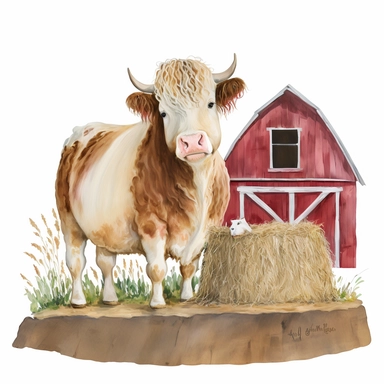 Highland Longhair Cow standing on a hay bale, with a red barn in the background, Watercolor, Clipart, sweet, cute, transparent background PNG