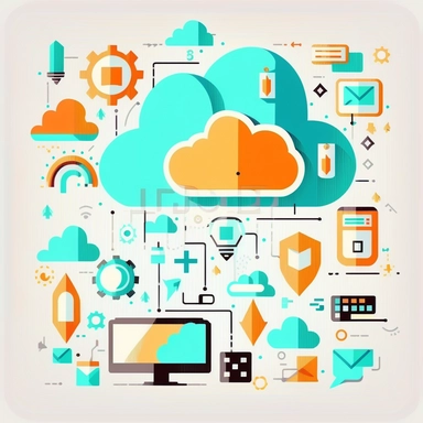 clipart representing online services and tools, collaboration, development tools, project management, cloud services. flat, minimalist, white background
