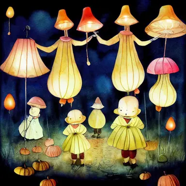 children in autumn clothes on a lantern parade, toadstools, waldorf, martinmas, chalk, watercolor, clipart, white background, cartoon