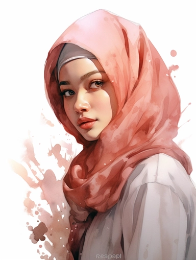 beautiful indonesian girl with hijab, watercolor, white background, clipart
