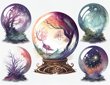 magical crystal ball, clipart, water color, deep colours, white background, border, watercolour illustration style, dreamy, 8k, intricate, illustration, detailed, png,