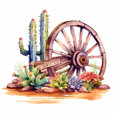 Develop a striking watercolor clipart illustration on a white isolated background vector, featuring a beautifully painted wagon wheel adorned with colorful flowers, with a pair of elegant cowboy boots resting against it and a horseshoe and cactus completing the Western scene. Emulate the artistic style of Frank Eber, a renowned watercolor artist known for his masterful handling of light and atmosphere, to create a composition that captures the essence of the desert landscape and the delicate bea