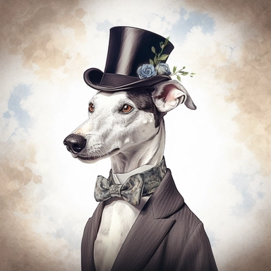 Graceful Whippet in a captivating Victorian attire, showcasing its sleek and agile form against the clean white backdrop. Its streamlined physique and elegant posture create a visually captivating Victorian-inspired portrait. Clipart, watercolor, white background, intricate detail, unreal engine cinematic smooth. Realistic rendering
