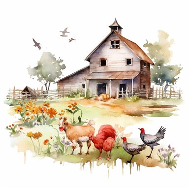 watercolor farm house clipart with meadow and some animals, white background, no comment, 8k