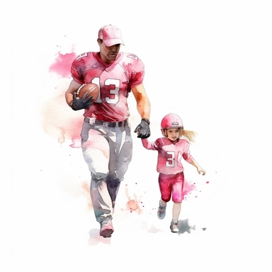 Watercolor, father and boy in pink playing American football, watercolor style clipart, solid white background