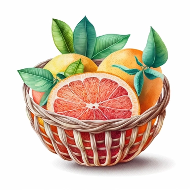 Watercolor one grapefruit basket Clipart, citrus grapefruit, vibrant color, high details, white background, no text