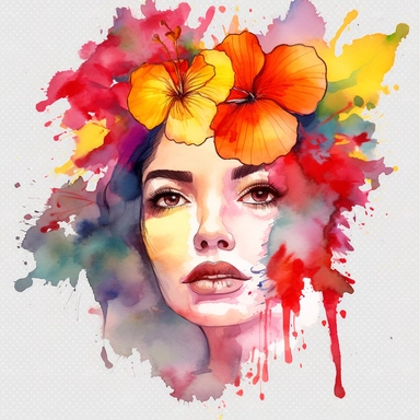 watercolor A woman's face, full body, Hibiscus - Hibiscus flowers are large and colorful, with petals that come in shades of pink, red, and yellow. They are often used in tropical-themed decor and are associated with warm weather and sunny days. with flowers and leaves adorning her hair. hair up with flowers vividly bold designs png Full body realistic cartoon in 32K UHD cute. 15 cm thick outline. Black color. There was no shadow on the ground. 8k with realistic watercolors. and detailed illustr
