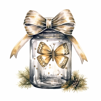 charming glass jar with bow, filled with Christmas Eve magic and wonder, watercolour clipart, silver and gold colors, I can't believe how beautiful this is