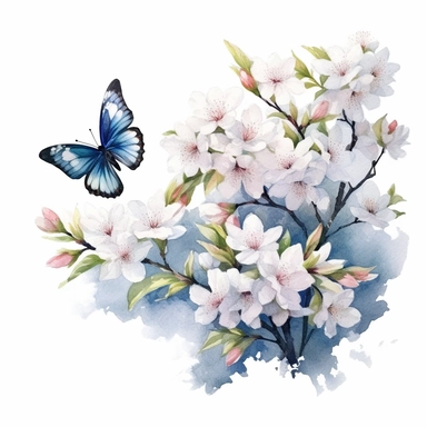 a crisp vivid realistic watercolor painting of a cherry blossom clipart bush with butterflies. white background