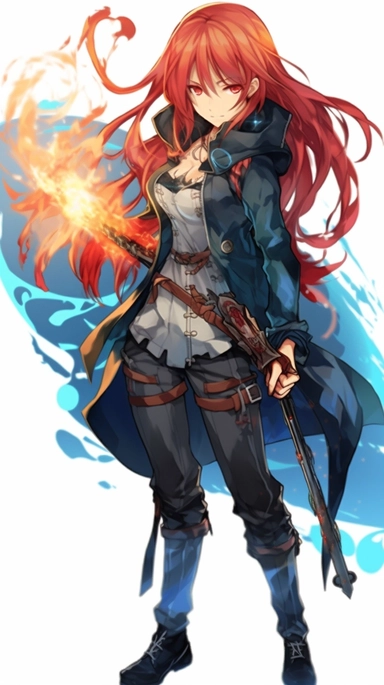 an anime character with red hair and blue flames, transparent background png clipart,anime,a city,a person with red hair and black clothes holding a sword in her hand,friends
