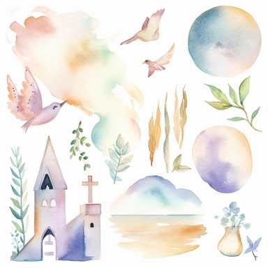 Watercolor clip art with Catholic religious undertones. Inspirational. Soft colors. Image only. No text. White background.