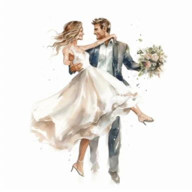 watercolor, drawing, illustration of the bride and groom, the bride in a short beautiful dress above the knees, very beautiful, slender bride, laughing, wedding dance, holding a bouquet, flowers, clipart, high resolution image, detailed image, photorealistic, 3D, 4K