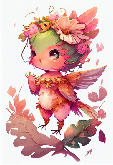 watercolor baby humming bird clipart, full body, chibi, Nursery Art, Nursery Decor, dreamy eyes, magical, high rendering, central focus, scenic background, intricate details, kawaii chibi, by Ross Tran, retro,pink light golden, Cinematic feel, tiger, Tropical,floral, colourfull,