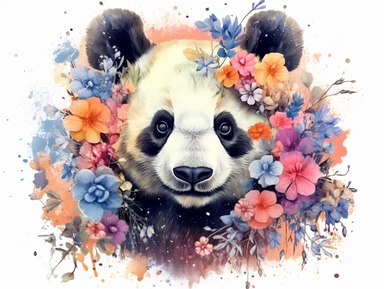 Highly detailed ink color illustration of a panda, floral elements, pastel colors, cute style, clipart white background in 8k resolution