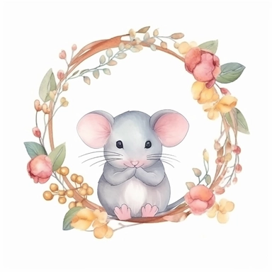 A cute mouse in a dainty minimalist floral wreath, watercolour, magical, clipart, isolated white background, 8k