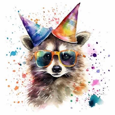 please create watercolor clipart of a raccoon smiling, wearing party GLASSES AND PARTY POPPERS, colorful, WHITE BACKGROUND