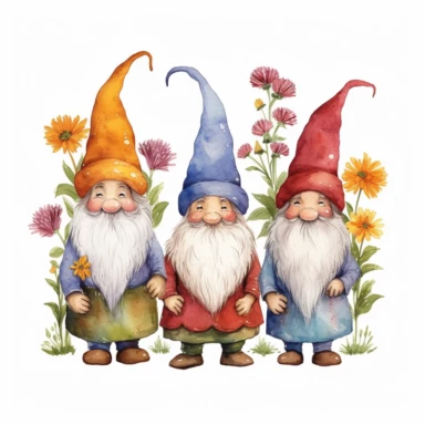 hand drawn clipart set of 3 cute gnomes with large bulbous noses in bright boho colors holding wild flowers, white background, 300 dpi, high quality digital art suitable for printing, spaced apart