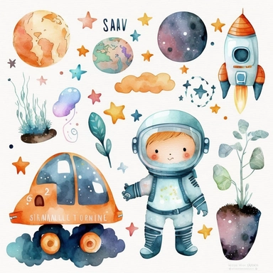 Space watercolor nursery baby boy clipart cute astronaut planets rockets no text