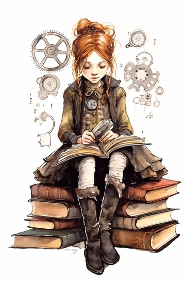 watercolor mixed media gothic steampunk girl entire body reading, illustration clipart by holly hobbie
