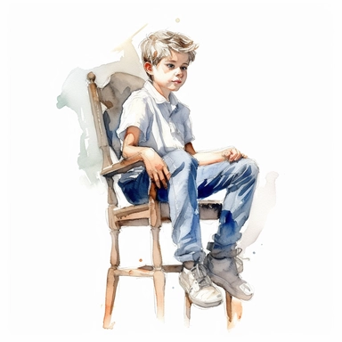boy sitting on chair, watercolor sketch, clipart, white background