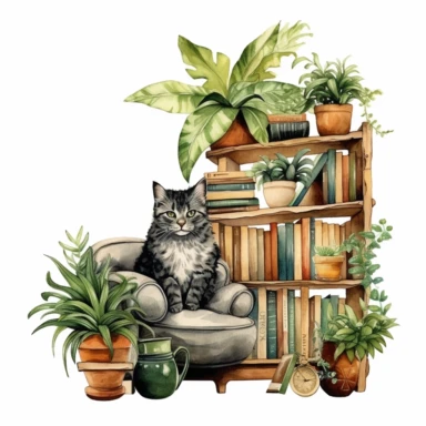 A boho style cat at library corner with watercolor effect, boho furniture, details, boho colors, suitable for digital clipart, white background, boho style green plants, on the white background, hd