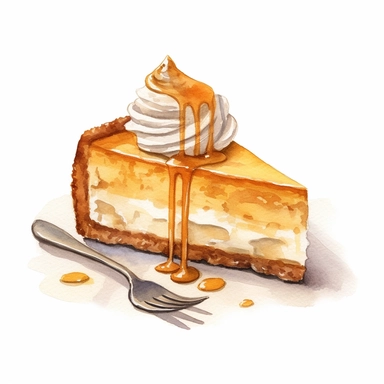 This highly detailed watercolor clipart portrays a delectable pumpkin cheesecake on a pristine white background. The artwork captures the essence of this seasonal dessert with remarkable precision and vibrant colors. The cheesecake is depicted with intricate brushstrokes, showcasing its creamy texture and rich pumpkin flavor. The crust, resembling a blend of graham crackers and spices, is rendered with delicate details. The pumpkin filling, a warm shade of orange, is depicted with depth and dime