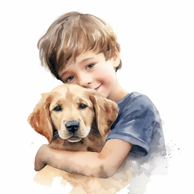 close up high detailed, Hand drawn watercolor clipart of a cute Golden Retriever puppy hugged by a child farm, on a white background