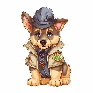 Adorable cute fantasy german shepherd dog dressed like a detective, nursery art, clipart image, lineart image, white background, very detailed, 8k