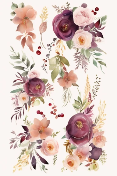 sticker sheet, watercolor floral clipart images illustration, in the style of light maroon and light beige, light maroon and emerald, wallpaper, happenings, mandy disher, violet and orange, lively tableaus, sticker borders